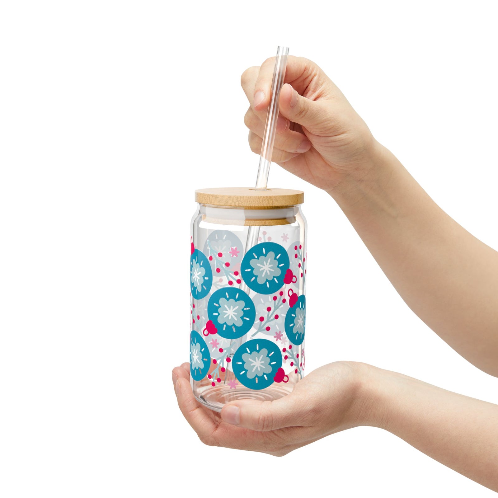 Opulent Ornaments Christmas Sipper Glass 16oz Reusable Drink Jar with Lid & Straw