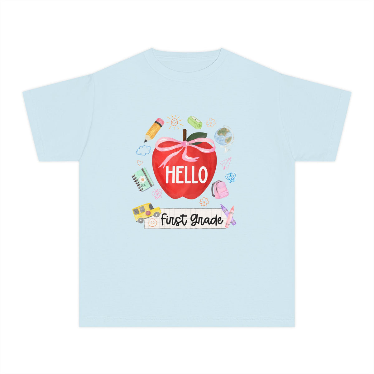 Hello First Grade Preppy Coquette Apple Graphic Tee Back to School 1st Grade T-Shirt