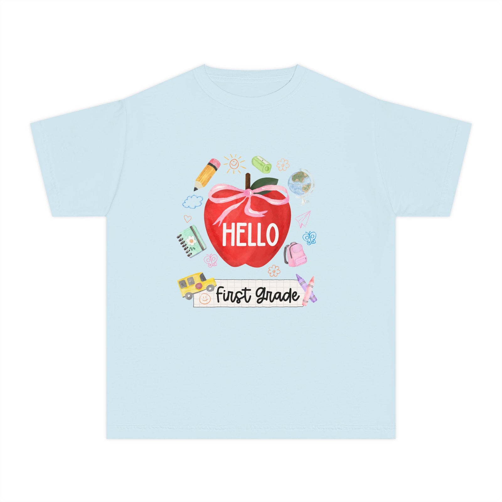 Hello First Grade Preppy Coquette Apple Graphic Tee Back to School 1st Grade T-Shirt