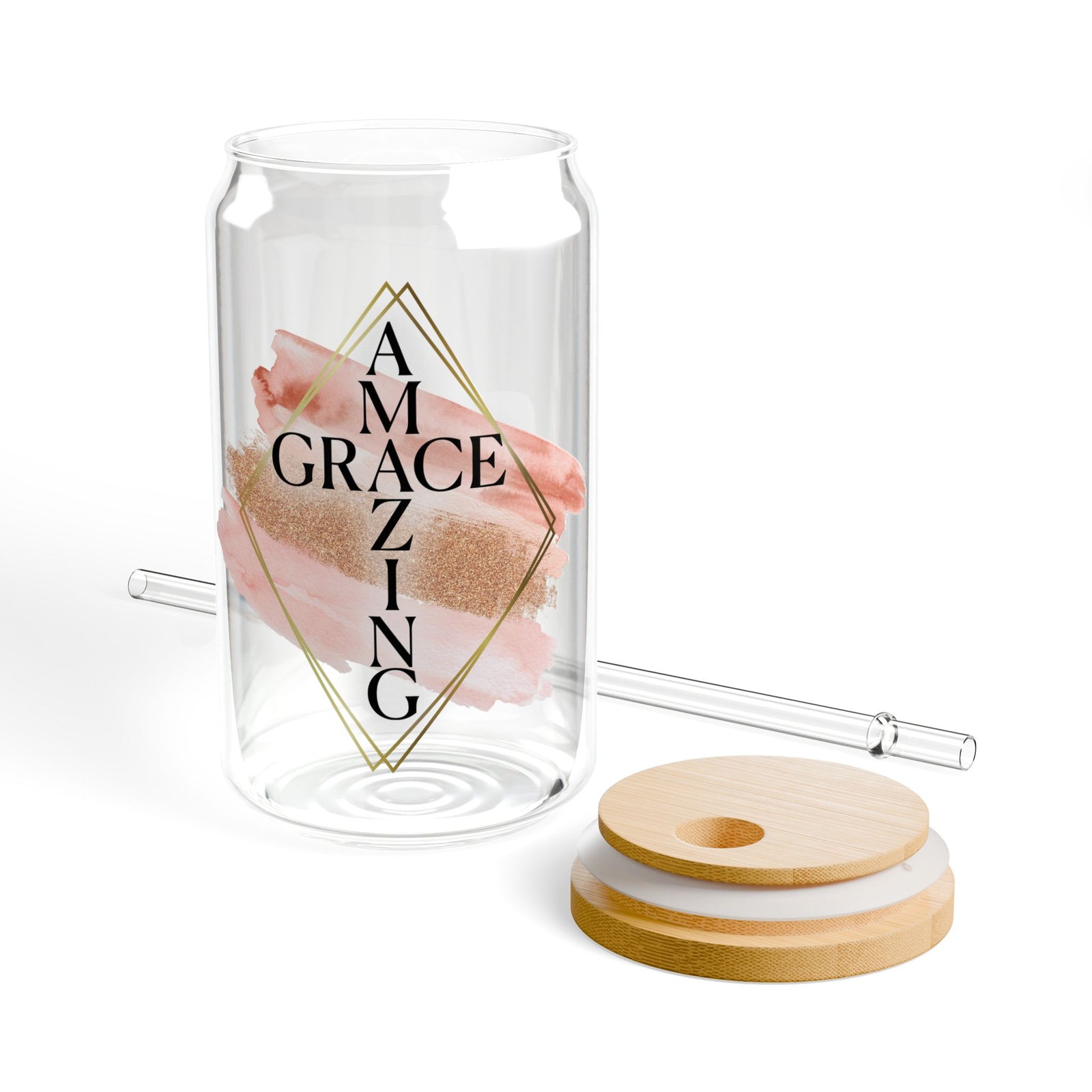 Amazing Grace Christian Tumbler Sipper Glass 16oz — Reusable Drink Jar with Lid & Straw