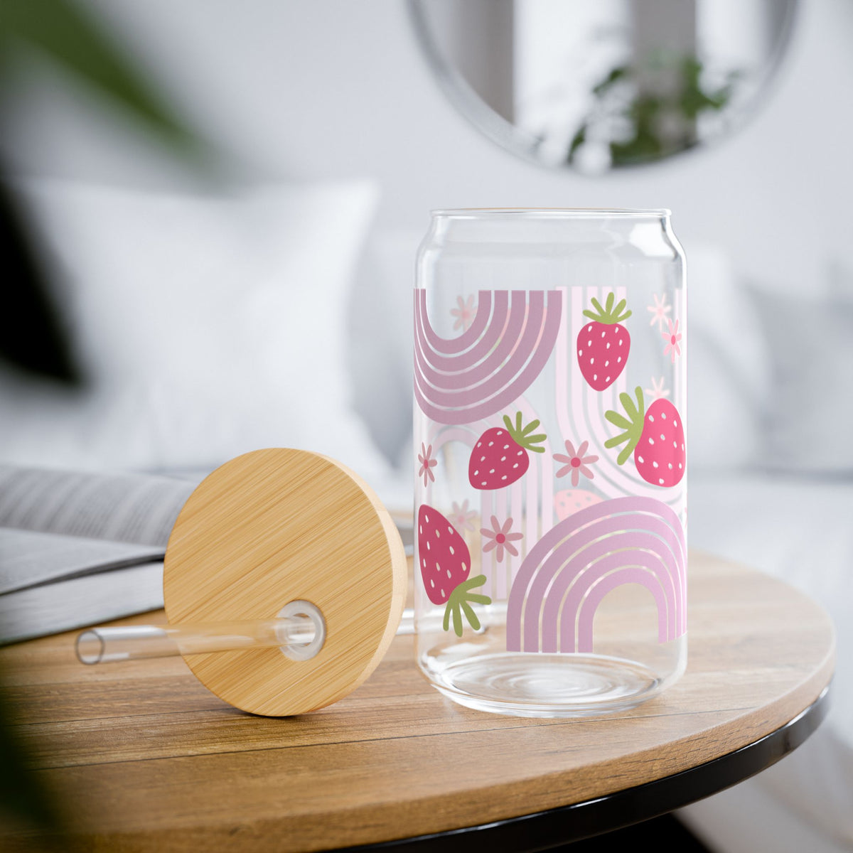 Wild Strawberry Tumbler Sipper Glass 16oz — Reusable Drink Jar with Lid & Straw