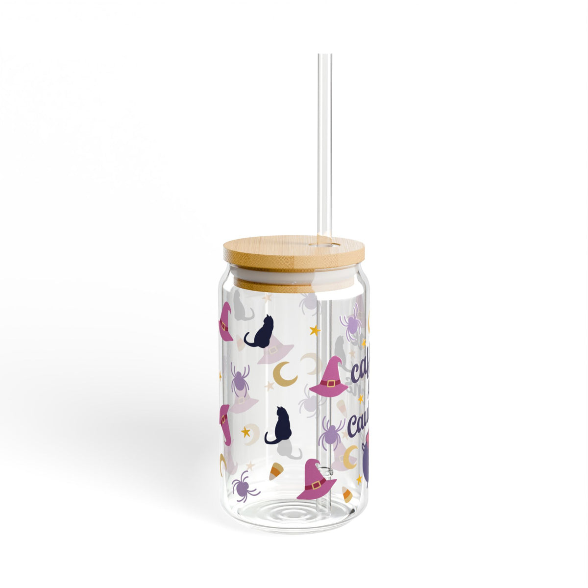 Caffeine and Cauldrons Halloween Sipper Glass 16oz Reusable Drink Jar with Lid & Straw