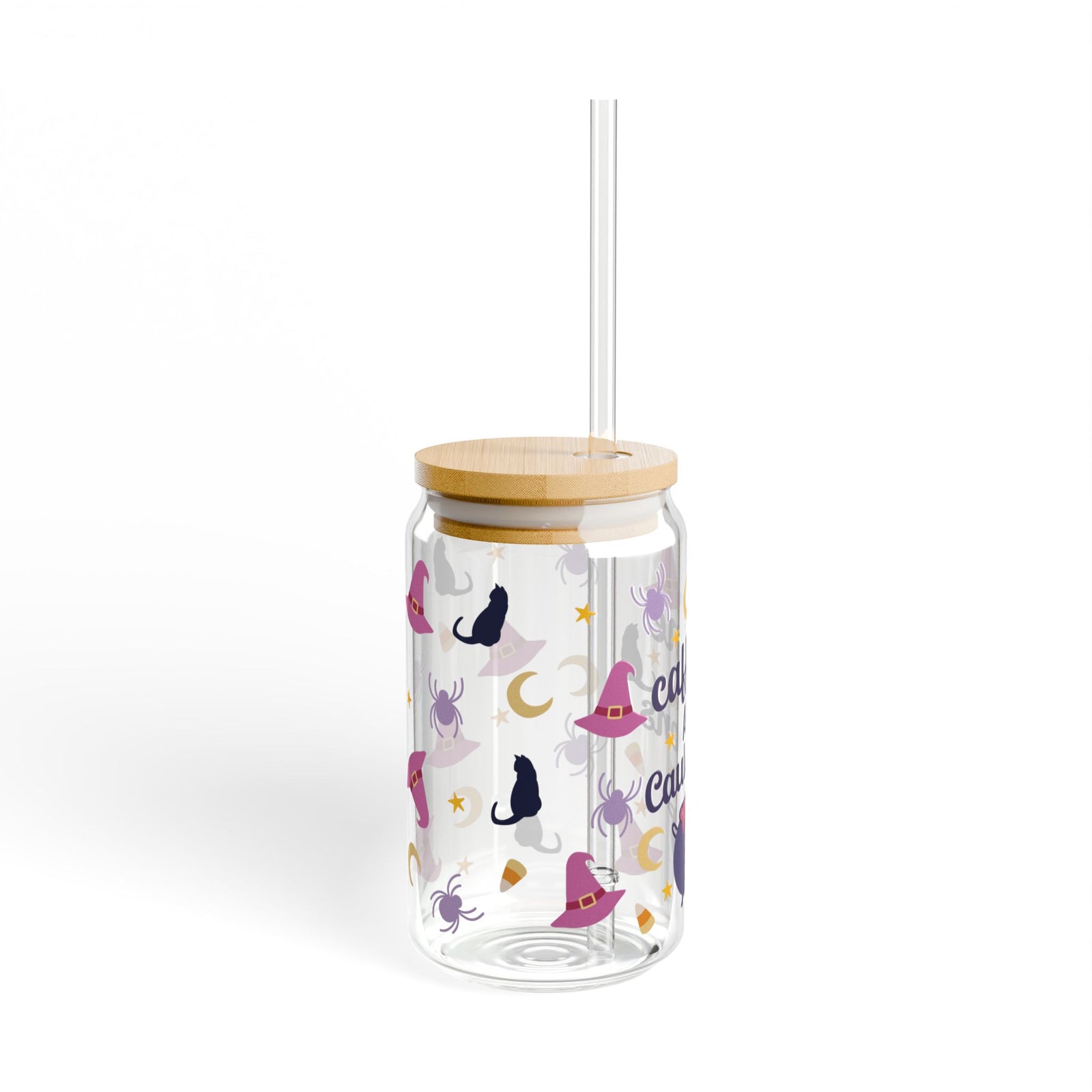 Caffeine and Cauldrons Halloween Sipper Glass 16oz Reusable Drink Jar with Lid & Straw