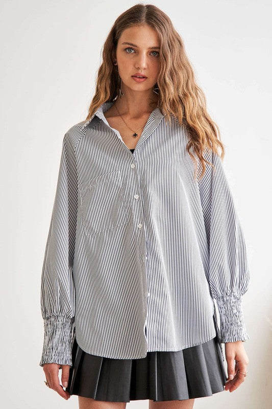 ADORA High-Low Striped Button Down Smocked Lantern Sleeve Shirt - Sydney So Sweet