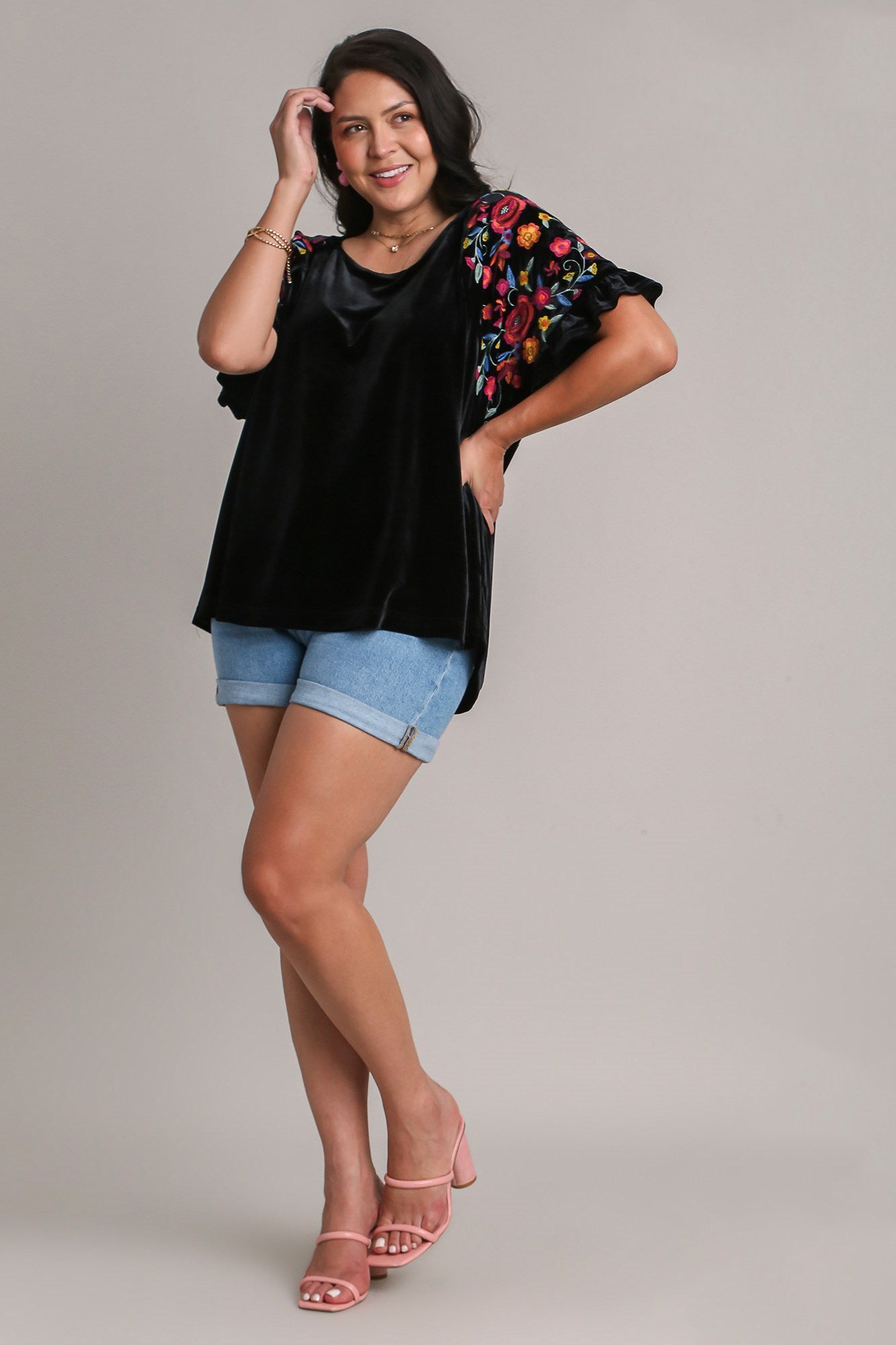 Umgee Full Size Velvet Embroidery Short Sleeve Blouse - Sydney So Sweet