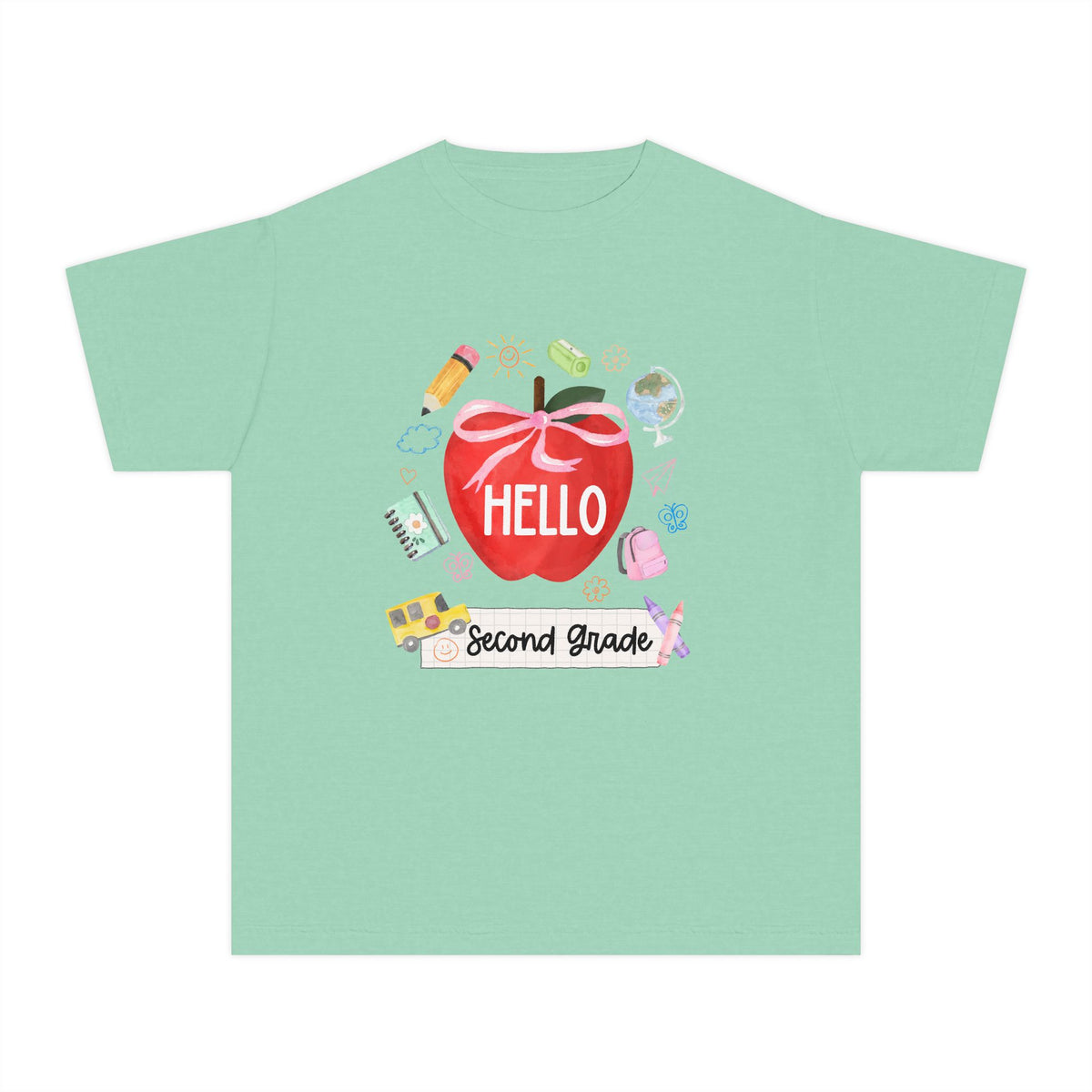 Hello Second Grade Preppy Coquette Apple Graphic Tee Back to School 2nd Grade T-Shirt