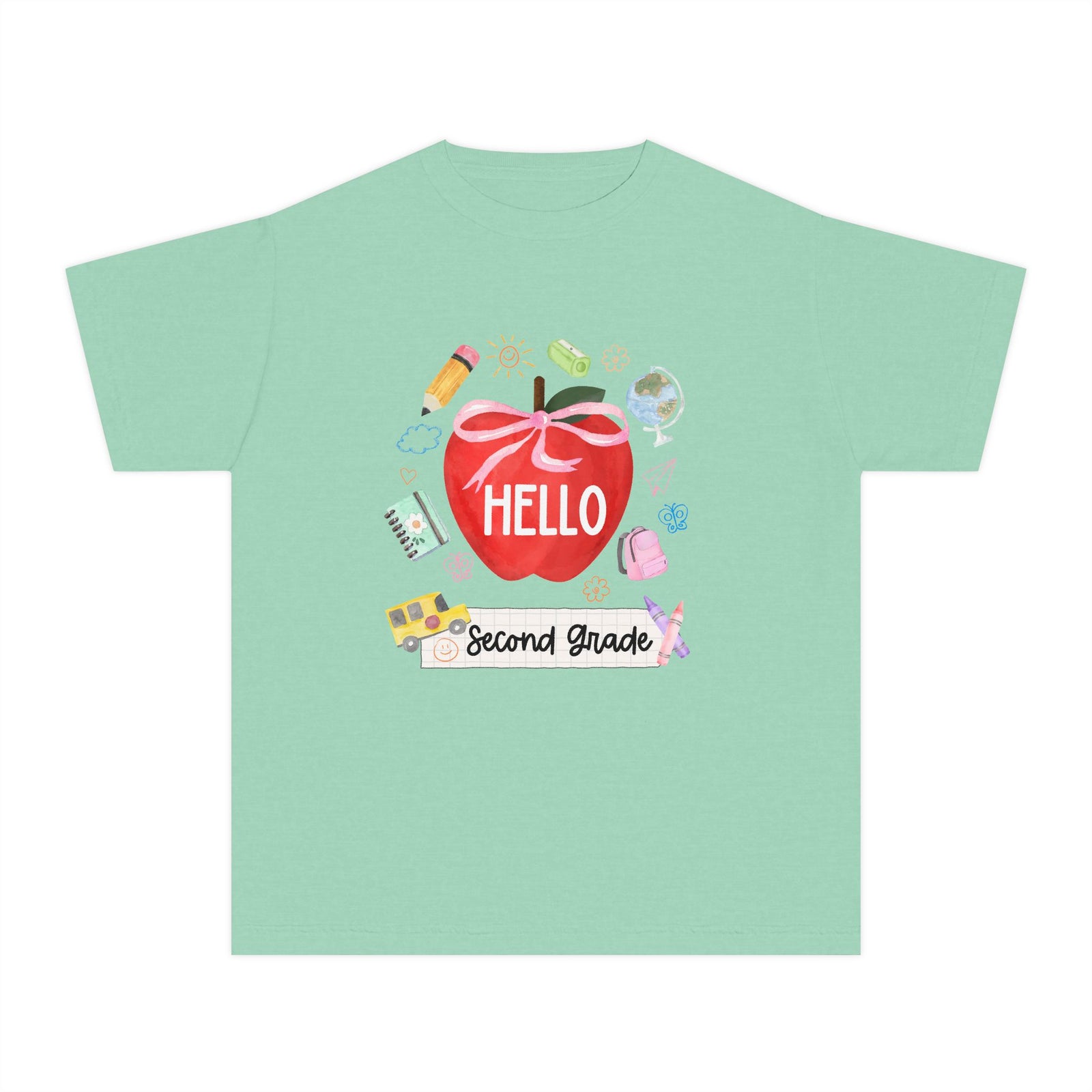 Hello Second Grade Preppy Coquette Apple Graphic Tee Back to School 2nd Grade T-Shirt