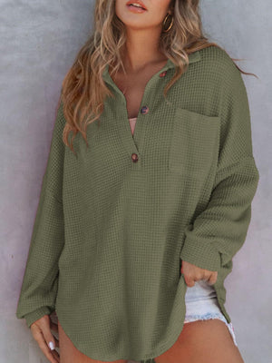 Waffle-Knit Dropped Shoulder Long Sleeve Sweatshirt - Sydney So Sweet