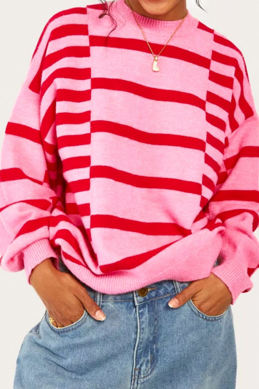 Striped Round Neck Dropped Shoulder Sweater - Sydney So Sweet