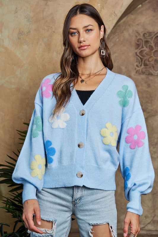 ADORA Flower Button Down Lantern Sleeve Cardigan - Sydney So Sweet