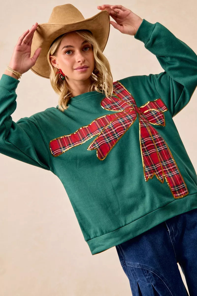 BiBi Plaid Ribbon Bow Detail Christmas Fleece Pullover - Sydney So Sweet