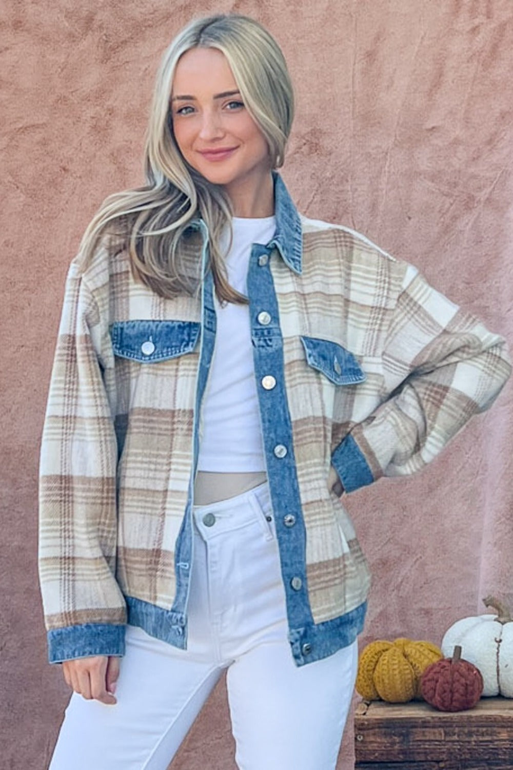 And The Why Full Size Washed Denim Detail Brushed Plaid Jacket - Sydney So Sweet