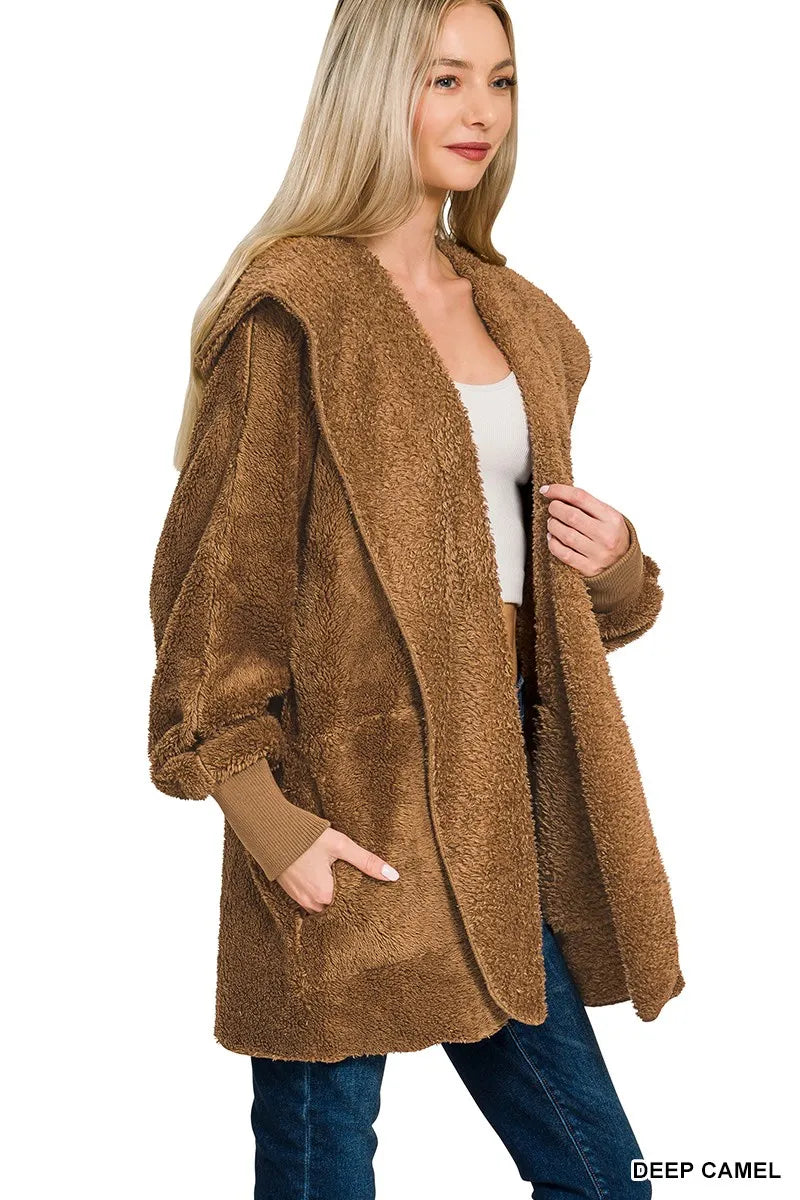 Zenana Hooded Faux Fur Jacket with Pockets - Sydney So Sweet