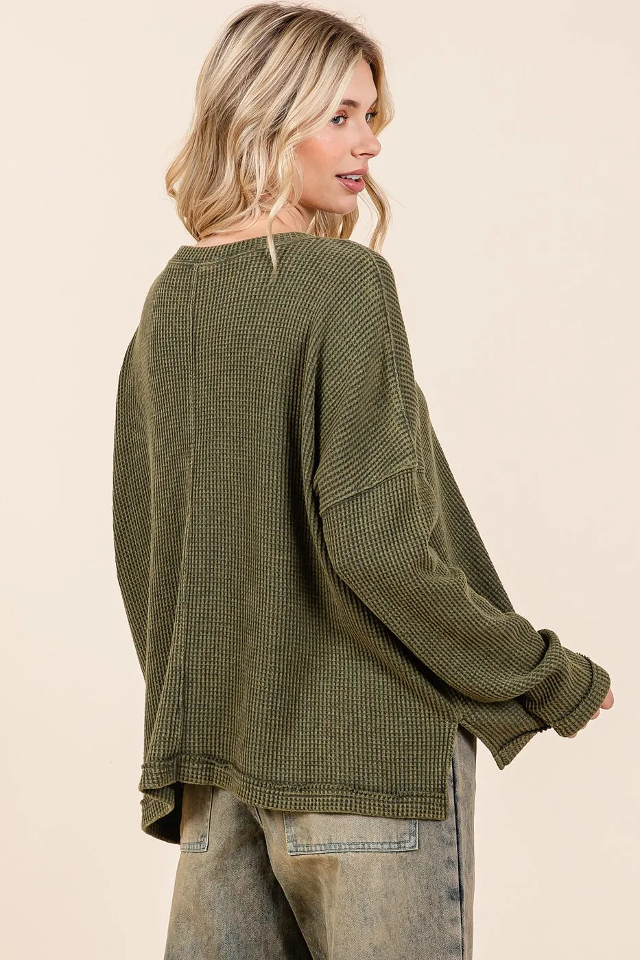 Mittoshop Mineral Wash Cutout Pocket Long Sleeve Waffle Top - Sydney So Sweet