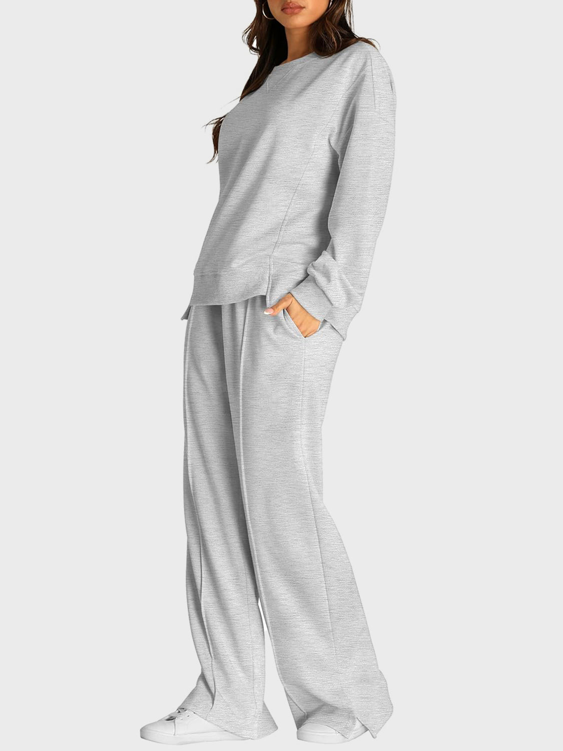 Round Neck Long Sleeve Top and Slit Pants Set - Sydney So Sweet