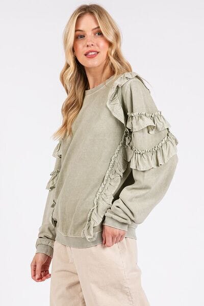 Mittoshop Ruffled Mineral Washed Round Neck Long Sleeve Sweatshirt - Sydney So Sweet