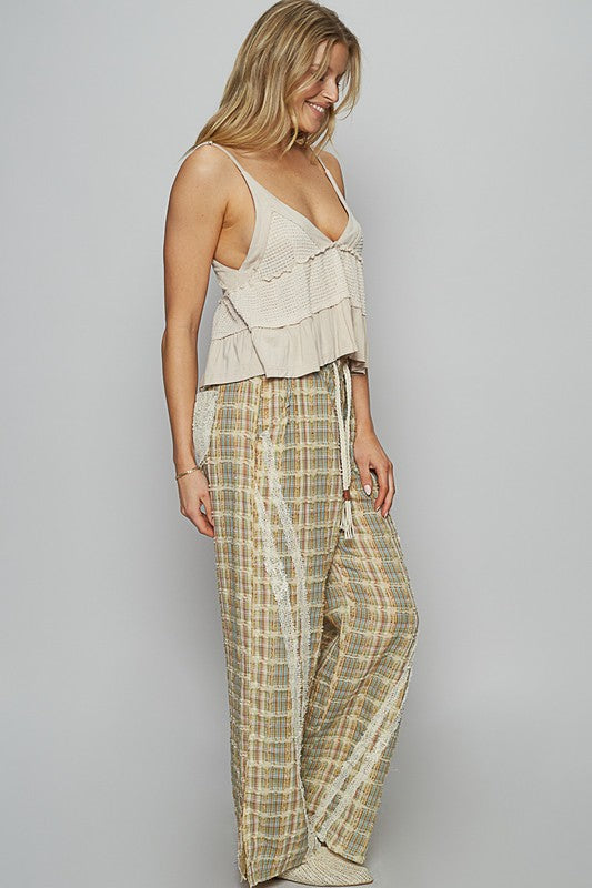 POL Lace Trim Drawstring Checkered Wide Leg Pants - Sydney So Sweet