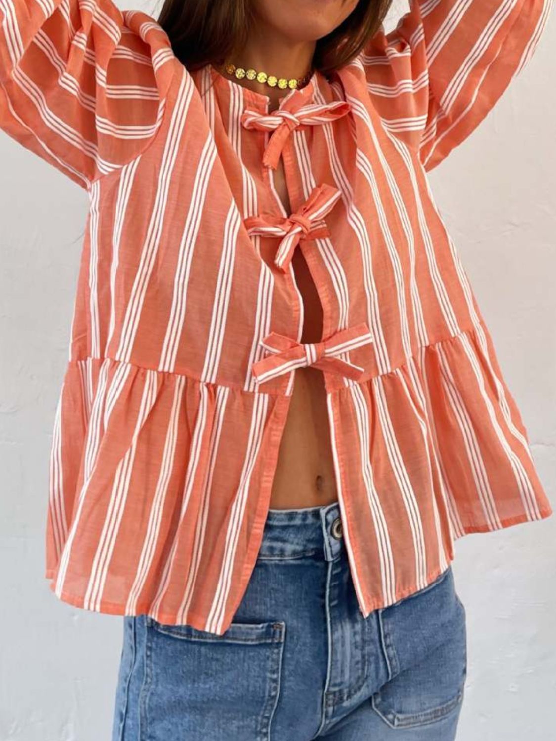 Tied Round Neck Balloon Sleeve Shirt - Sydney So Sweet