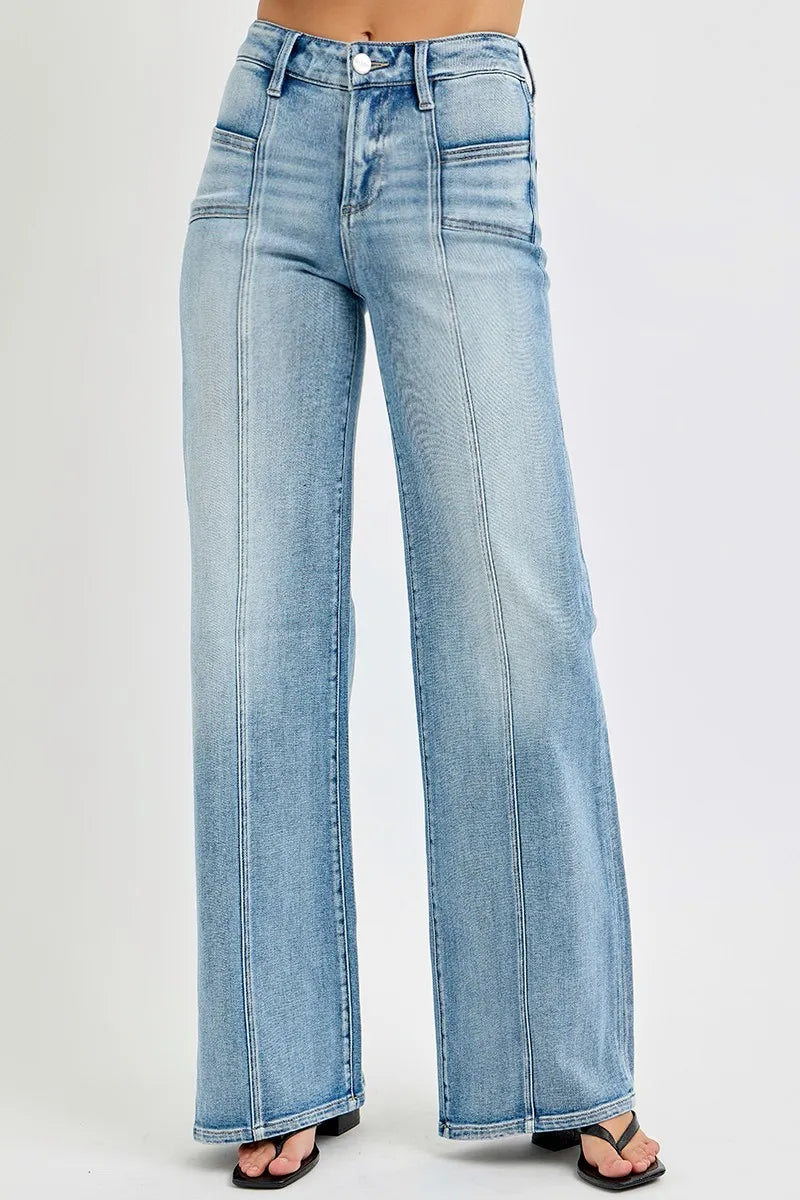 RISEN Full Size Mid Rise Wide Jeans with Front Patch Pocket Plus Size - Sydney So Sweet