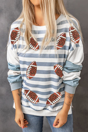 Football Striped Round Neck Long Sleeve Sweatshirt - Sydney So Sweet