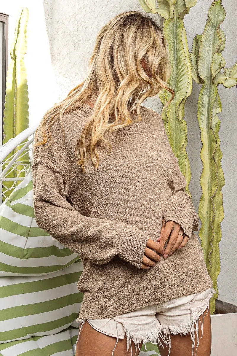 BiBi Raw Edged Popcorn Texture V-neck Sweater - Sydney So Sweet
