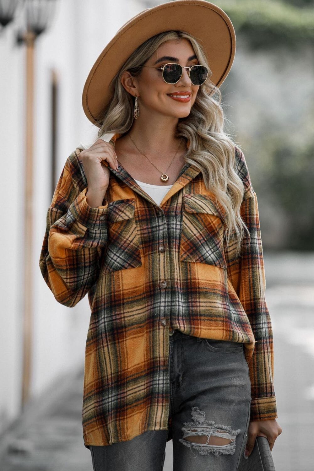 Drawstring Plaid Long Sleeve Hooded Shacket - Sydney So Sweet