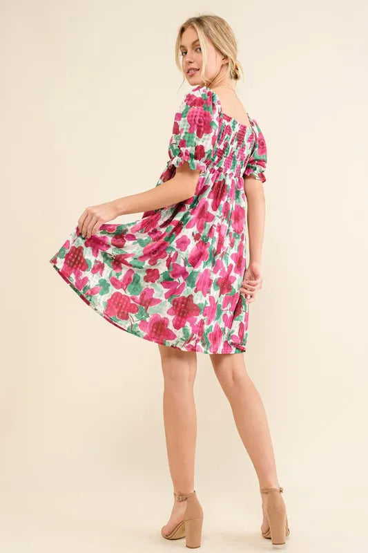 And The Why Smocked Floral Ruffle Short Sleeve Mini Dress - Sydney So Sweet