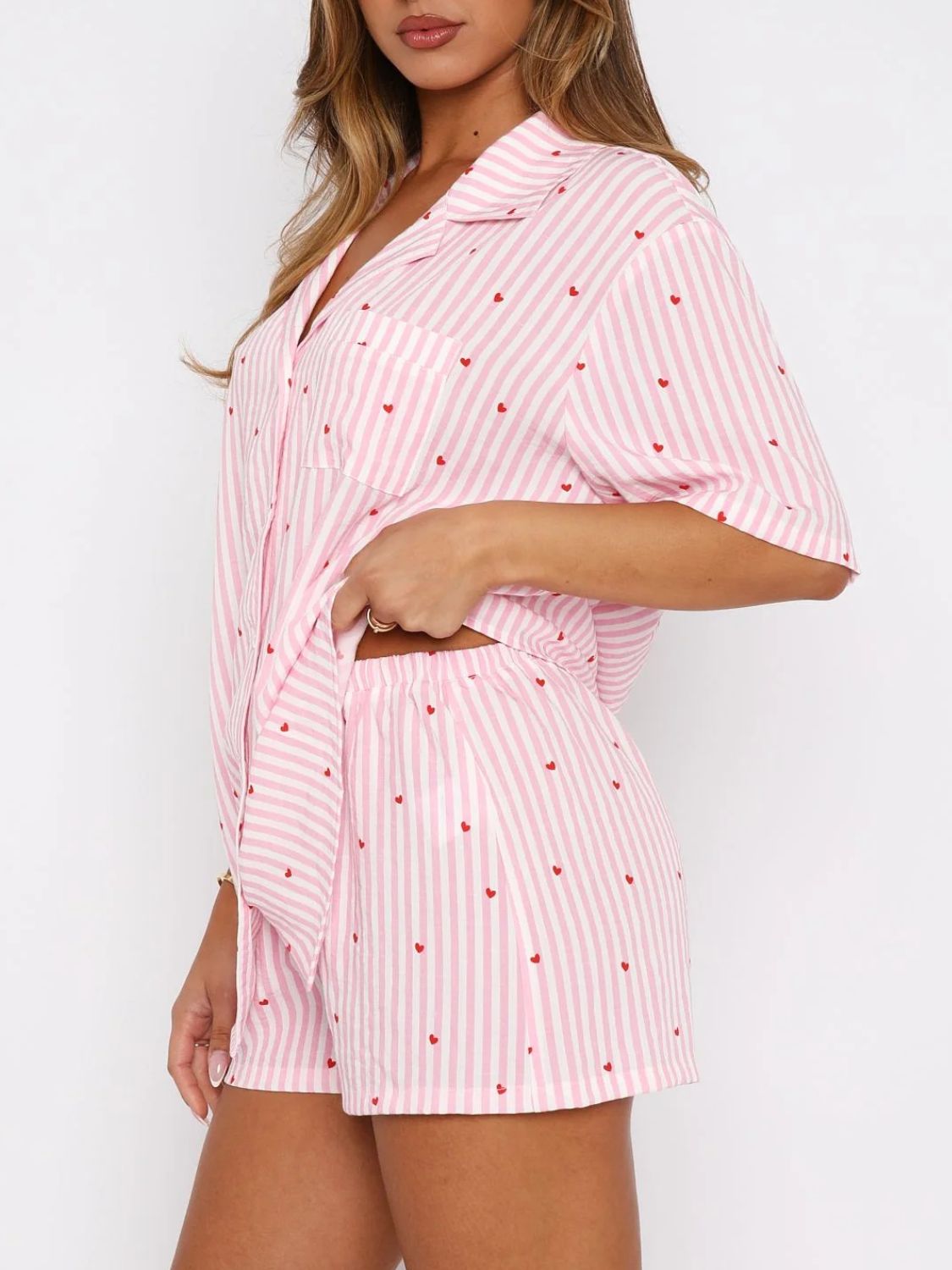 Valentine&#39;s Day Printed Collared Neck Short Sleeve Top and Shorts Set - Sydney So Sweet