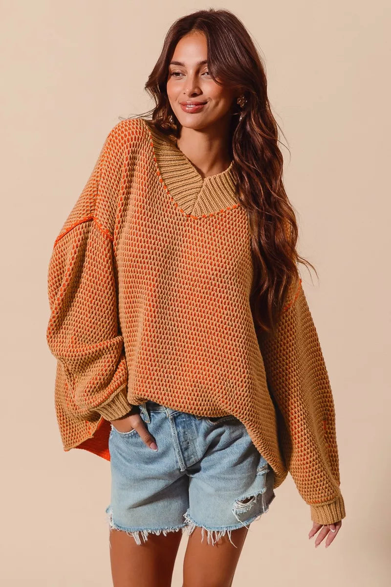SO ME Oversized Two Tone Textured V Neck Sweater - Sydney So Sweet