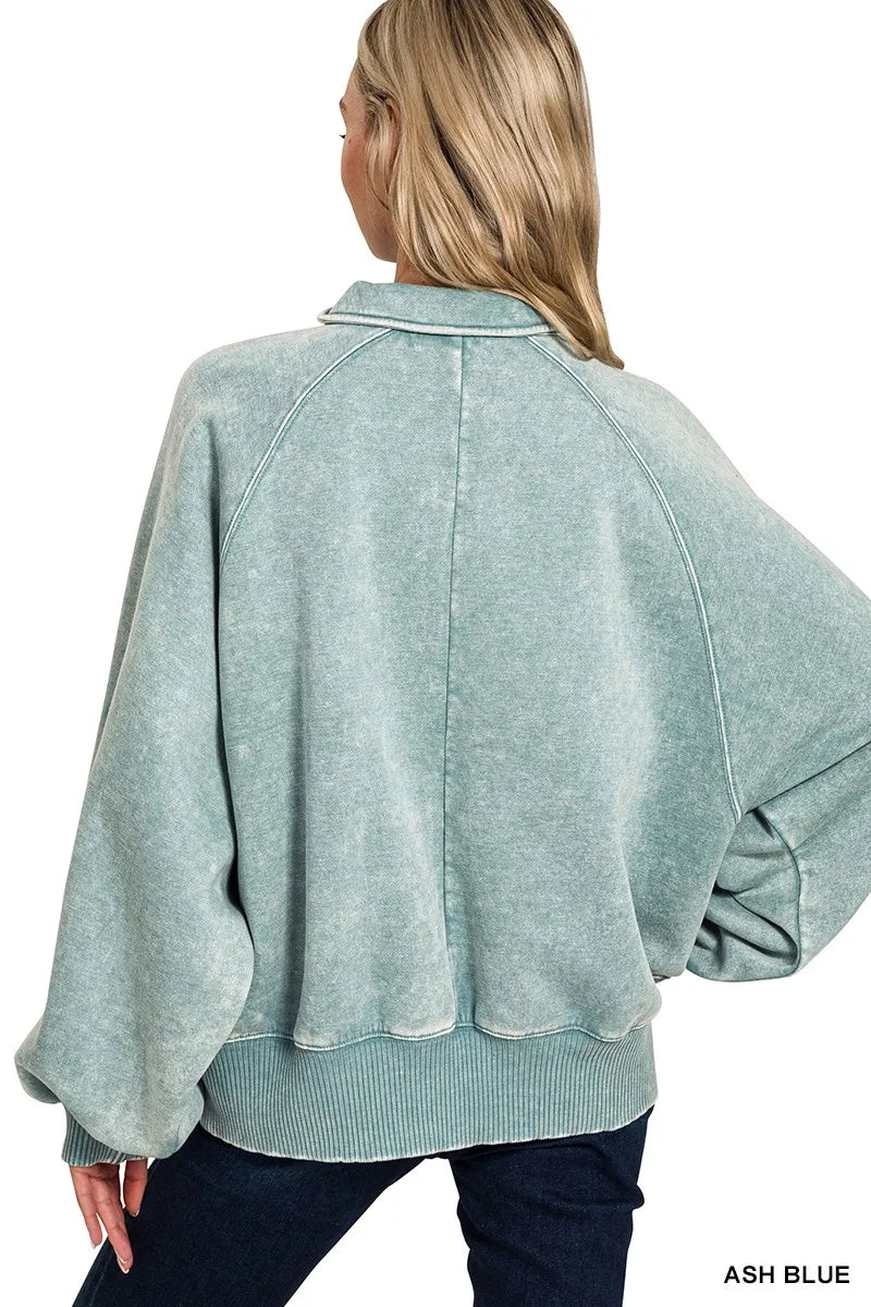 Zenana Acid Wash Fleece Collared Sweatshirt - Sydney So Sweet