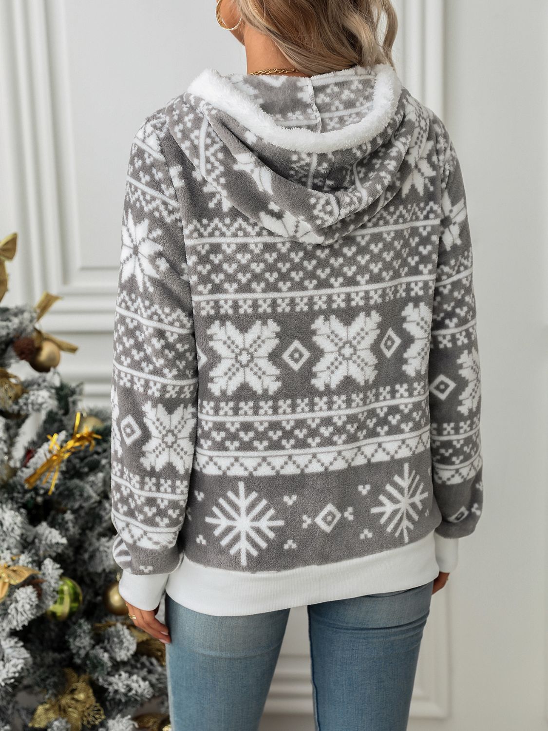 Drawstring Snowflake Zip Up Hooded Jacket - Sydney So Sweet