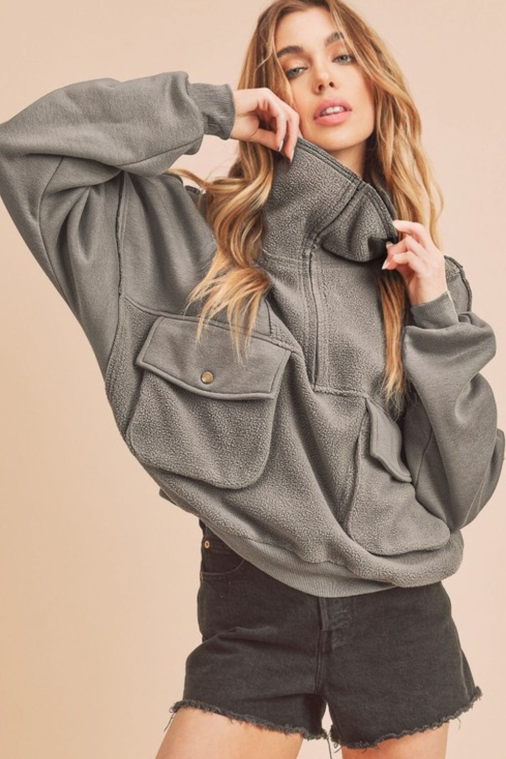 Aemi + Co Exposed Seam Half Zip Sweatshirt with Pockets - Sydney So Sweet