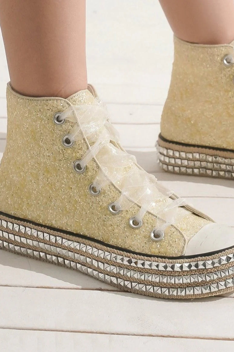 Beast Fashion Glitter Lace-Up Studded Platform Sneakers - Sydney So Sweet