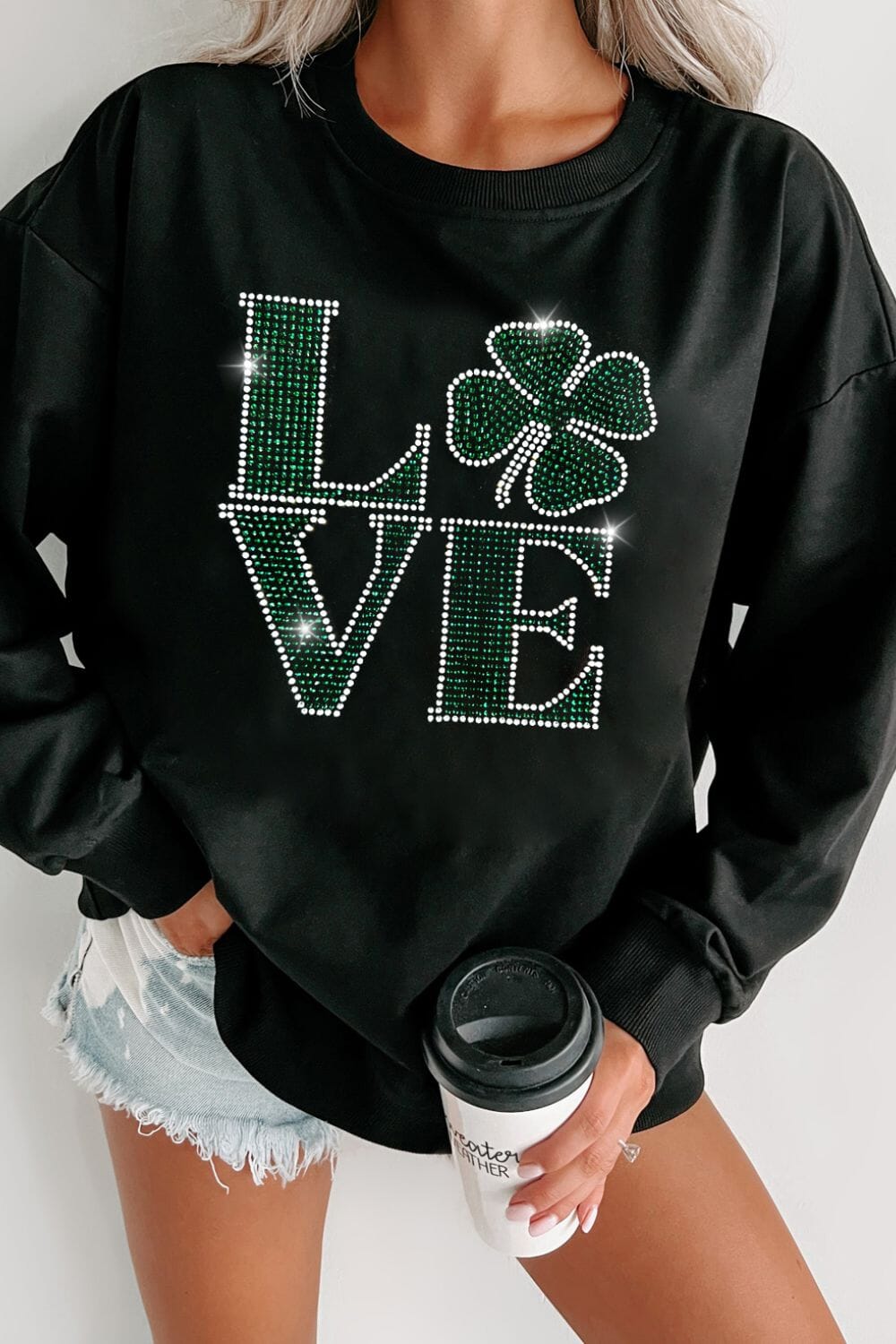 LOVE Rhinestone Clover Round Neck Sweatshirt - Sydney So Sweet