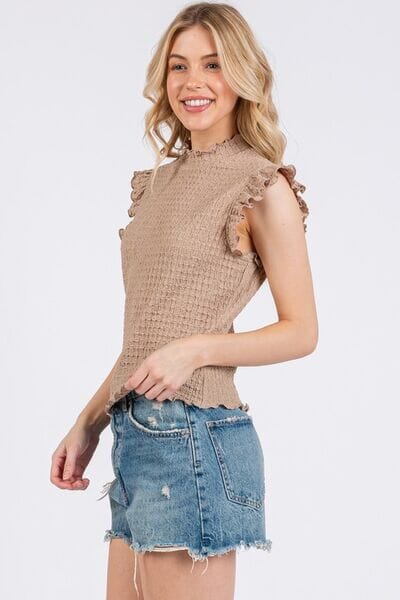 Ces Femme Texture Mock Neck Ruffle Cap Sleeve Blouse - Sydney So Sweet