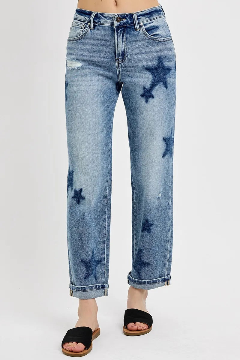 RISEN Full Size Mid Rise Boyfriend Star Shadow Detail Cuffed Jeans Plus Size - Sydney So Sweet