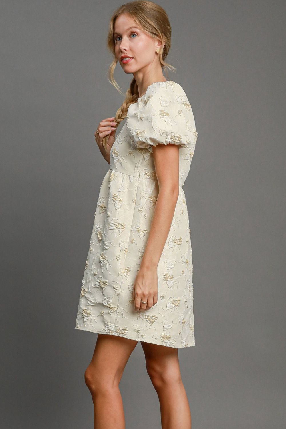 Umgee Heart Jacquard Square Neck Puff Sleeve Mini Dress - Sydney So Sweet