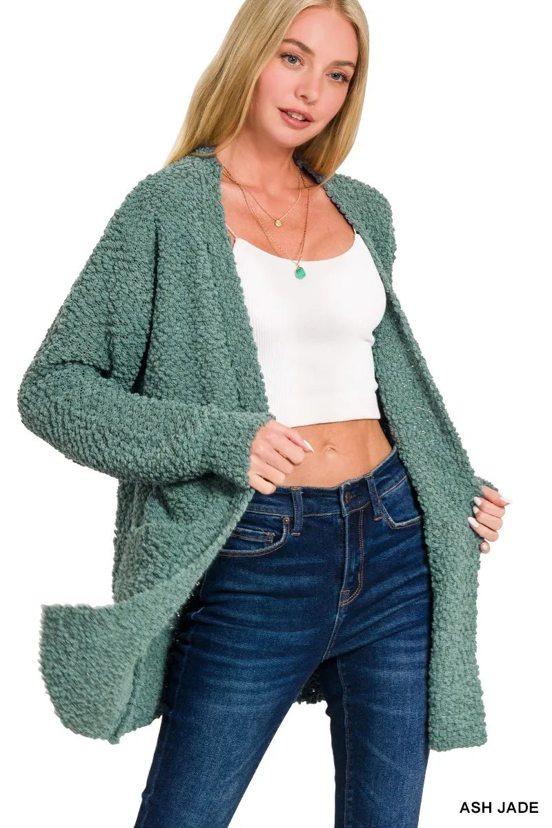 Zenana Long Sleeve Popcorn Sweater Cardigan with Pockets - Sydney So Sweet