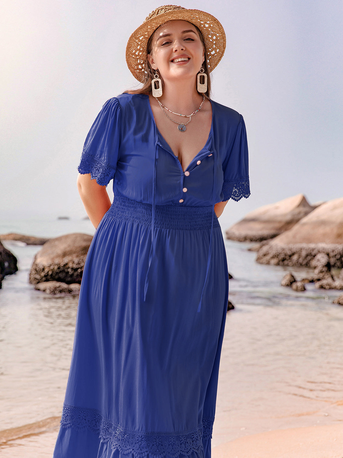 Plus Size Lace Detail Tie Neck Short Sleeve Maxi Dress - Sydney So Sweet