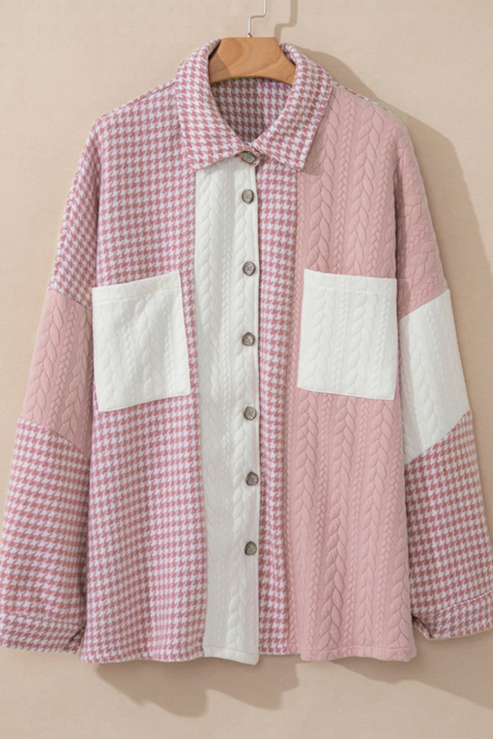 Color Block Houndstooth Collared Neck Shacket - Sydney So Sweet