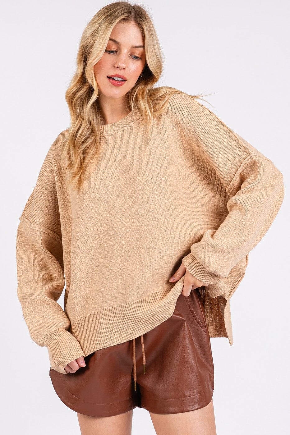 Mittoshop Side Slit Round Neck Drop Shoulder Sweater - Sydney So Sweet