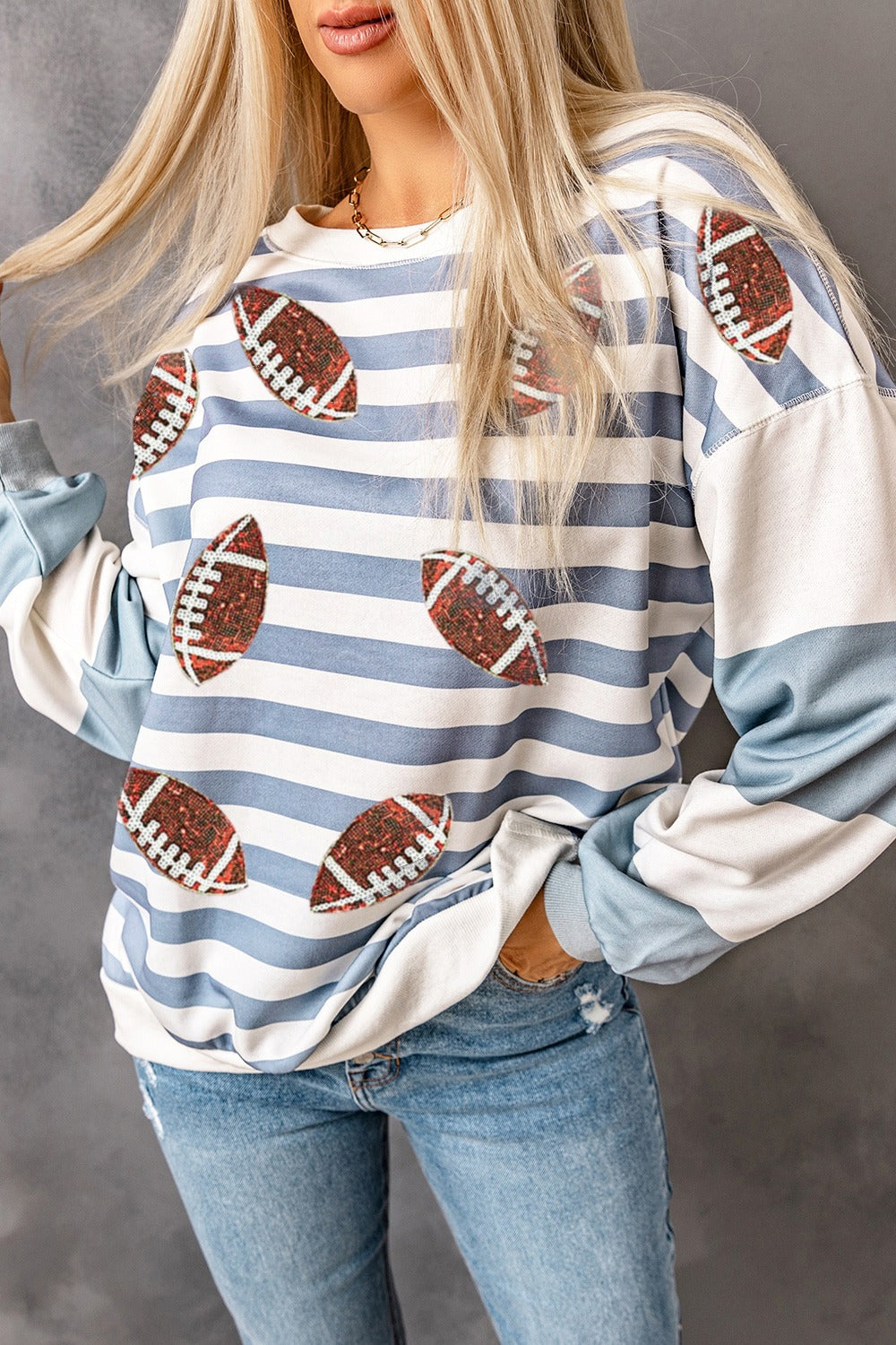 Football Striped Round Neck Long Sleeve Sweatshirt - Sydney So Sweet