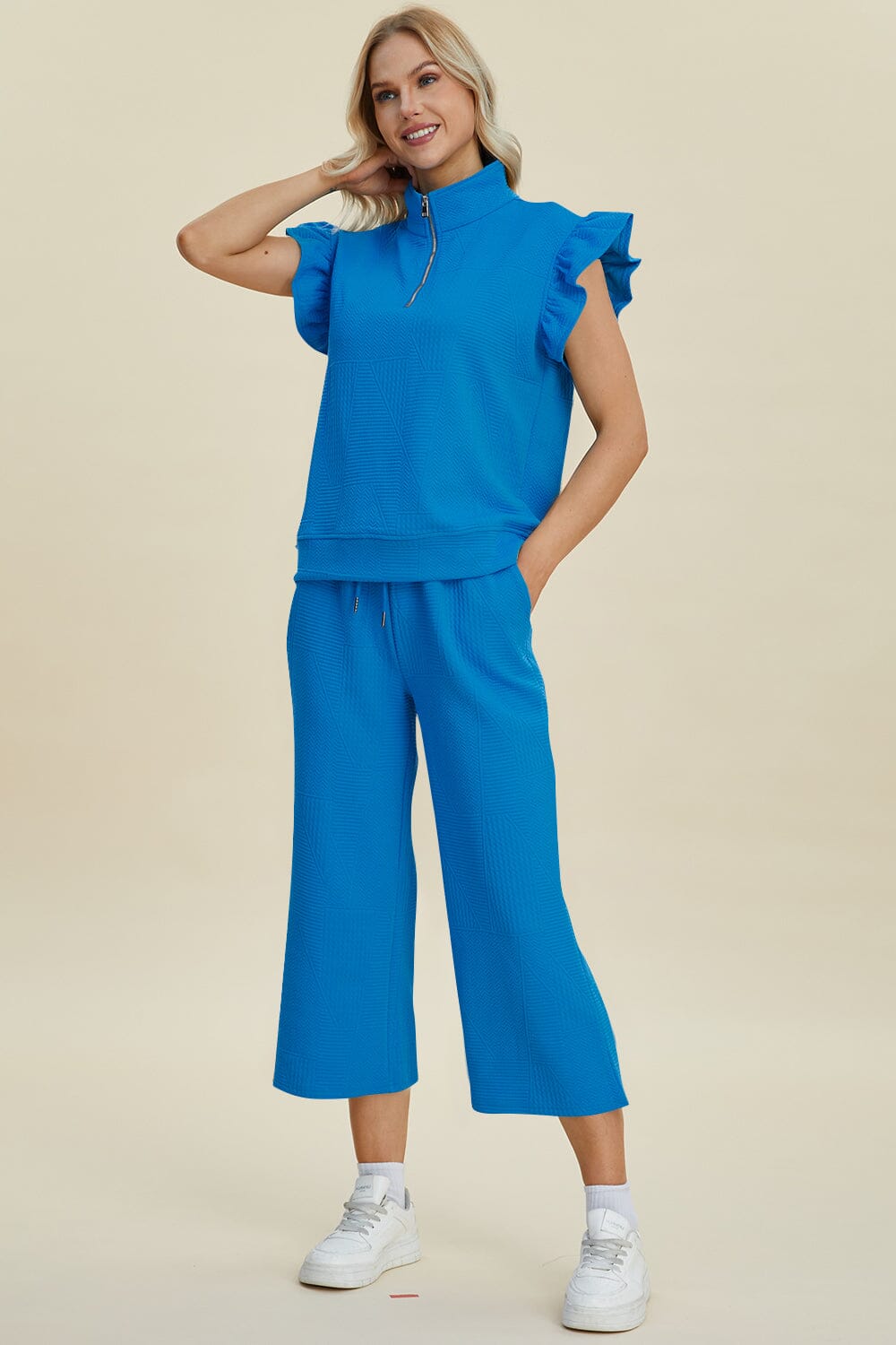 Double Take Full Size Texture Ruffle Short Sleeve Top and Wide Leg Pants Set - Sydney So Sweet