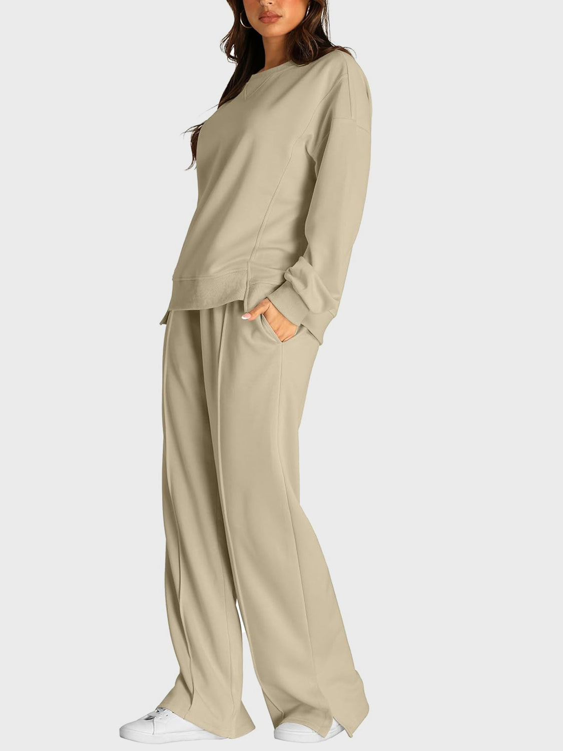 Round Neck Long Sleeve Top and Slit Pants Set - Sydney So Sweet