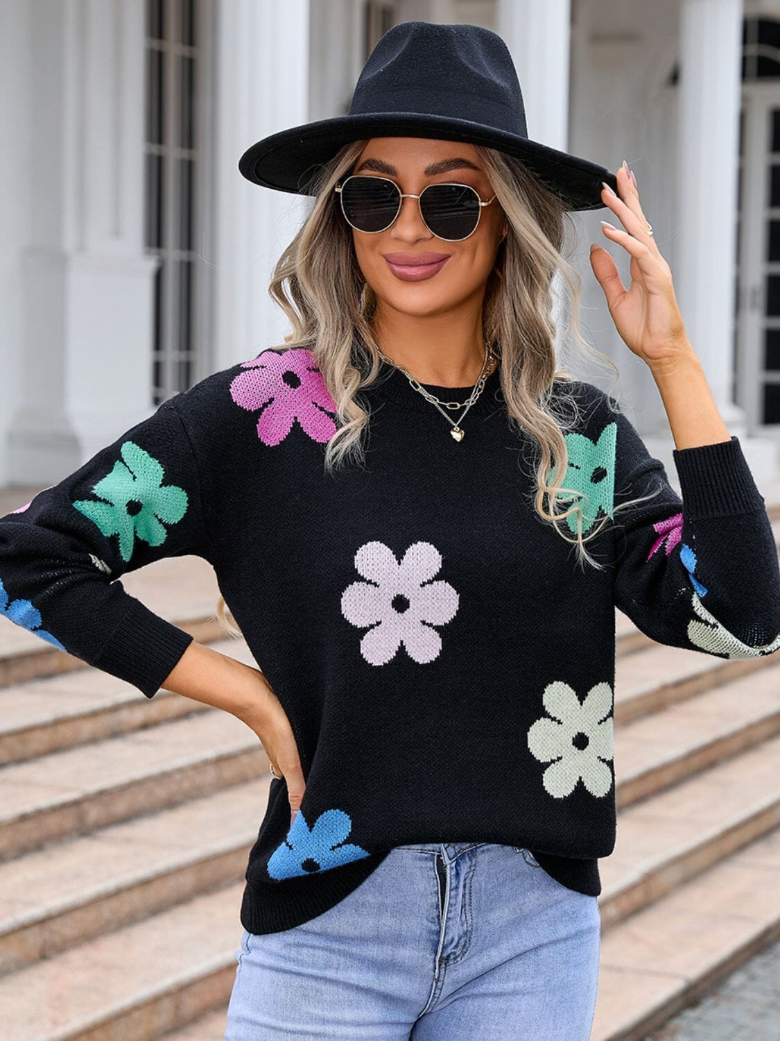 Flower Round Neck Long Sleeve Sweater - Sydney So Sweet