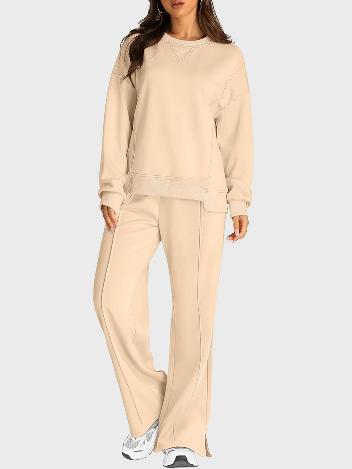 Round Neck Long Sleeve Top and Slit Pants Set - Sydney So Sweet