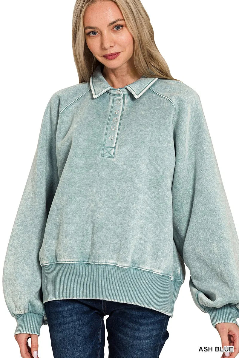 Zenana Acid Wash Fleece Collared Sweatshirt - Sydney So Sweet