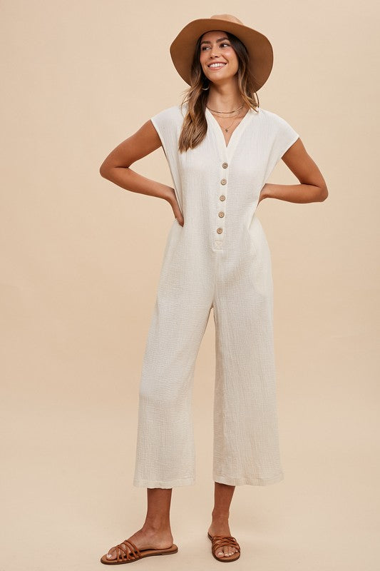 Annie Wear Button Detail Wide Leg Jumpsuit with Pockets - Sydney So Sweet