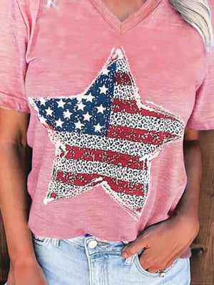 US Flag Graphic V-Neck Short Sleeve T-Shirt - Sydney So Sweet