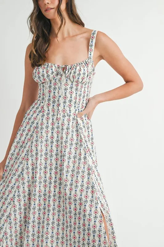 MABLE Floral Print Bustier Back Lace Up Midi Dress - Sydney So Sweet
